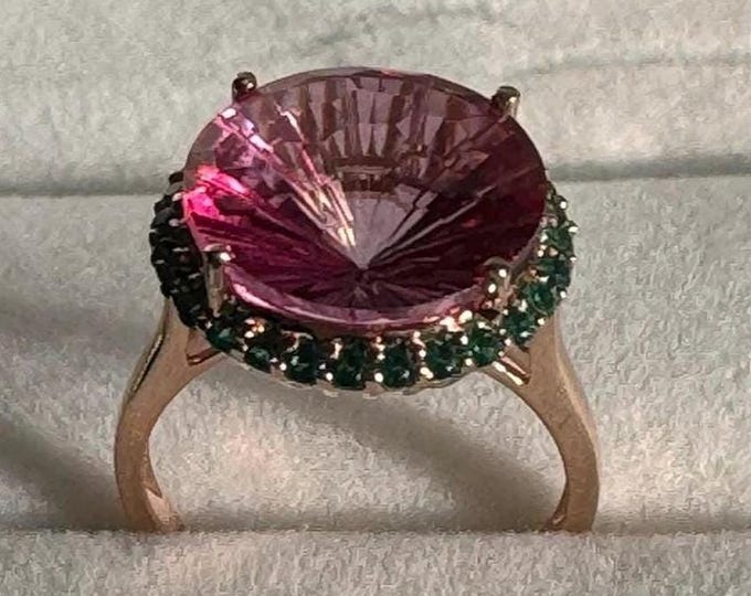 Natural Pink Sapphire Emerald Halo Ring • 18k Rose Gold Starburst Statement Ring