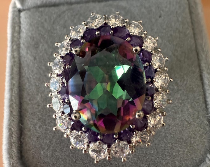 Mystic Topaz Amethyst Halo Cluster Ring in Sterling Silver