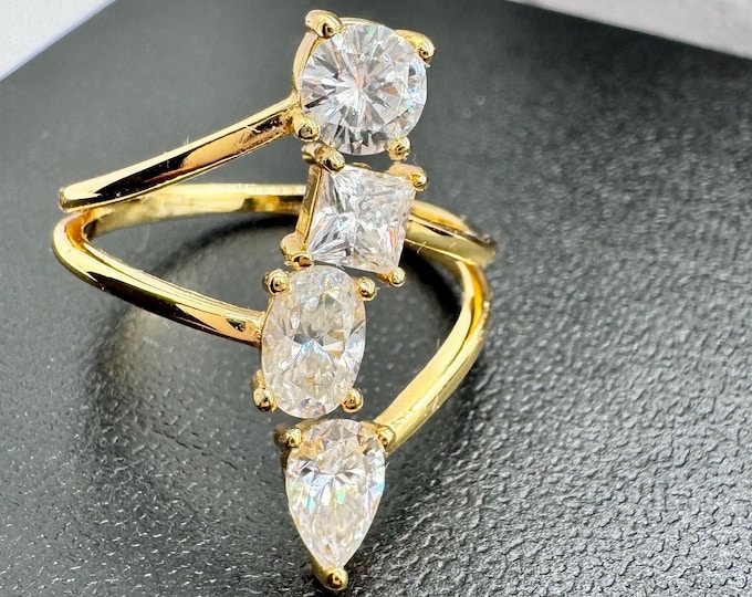 Adjustable Moissanite Ring 4-stone Statement Ring 925/18k
