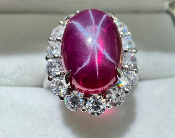Star Sapphire Moissanite Halo Ring: Sterling Silver Art Deco Cocktail Ring