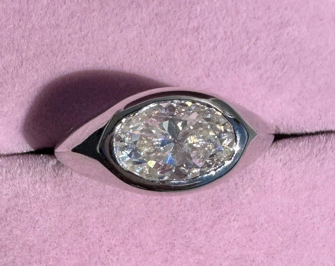 Old Miner's Cut Moissanite Signet Ring: Sterling Silver Bezel Set