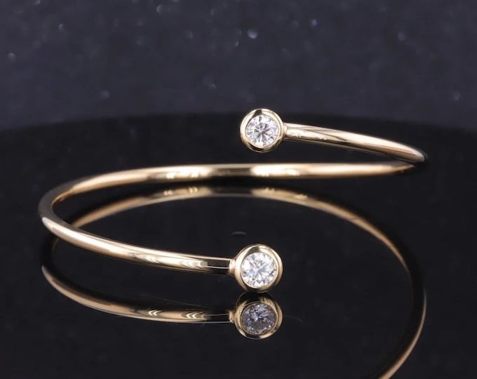 18k Moissanite Bangle Bracelet: Solid Gold Cuff Arm Band