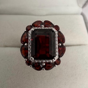 Rectangular Ruby Garnet Statement Ring, Sterling Silver Halo Ring