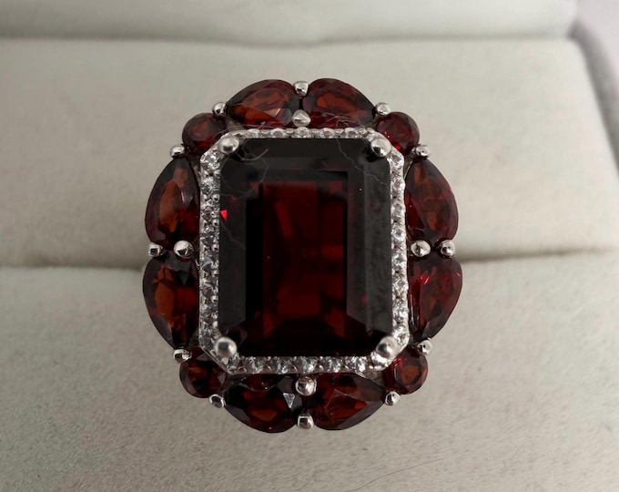 Rectangular Ruby Garnet Statement Ring, Sterling Silver Halo Ring