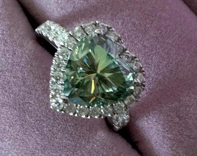 Blue Green 4.0 CTW Moissanite Heart cut Halo Unique Engagement Ring 925/18k