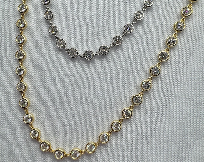 Moissanite Bezel Tennis Necklace: 18k Gold Plated Sterling Silver