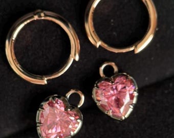 Pink Heart Moissanite Drop Earrings, 10k Rose Gold Huggie Hoops