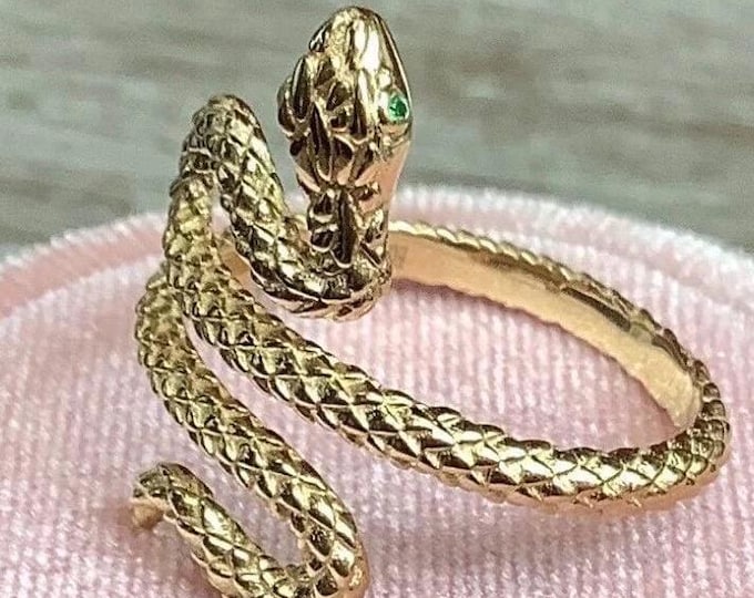 Handmade 14k Snake ring natural emerald eyes all sizes