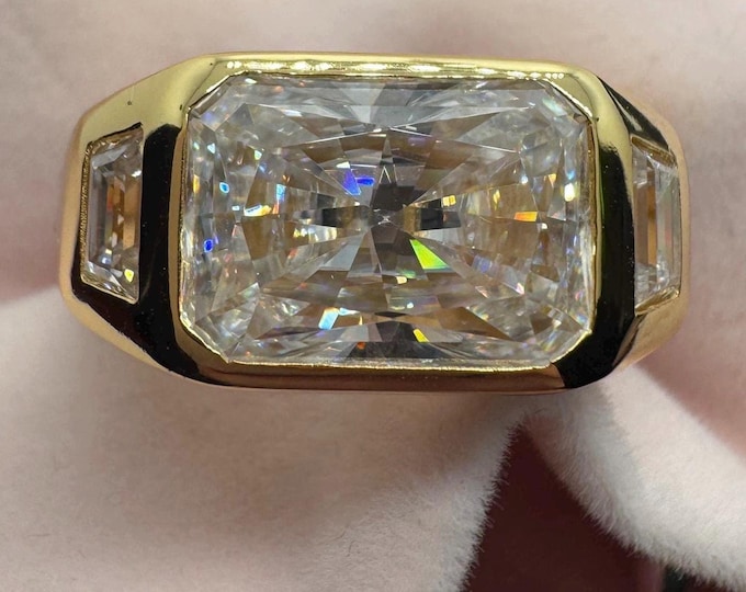 Radiant Moissanite Signet Ring: Chunky 14k Gold Plated Sterling Silver