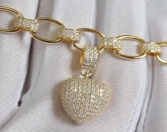 Moissanite Puffy Heart Chuncky Chain Link Bracelet Statement Jewelry