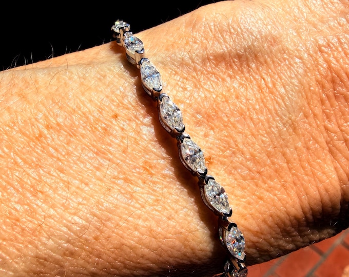 Moissanite half-bezel Marquise Tennis Bracelet, Streamlined Silhouette Full Eternity Anniversary Gift 925/18k