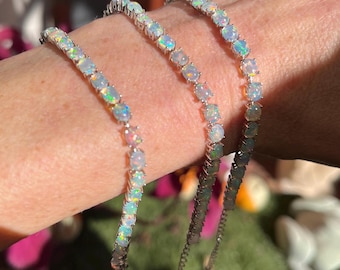 Opal Tennis Bracelet Natural Gemstone Sterling Silver Adjustable Bracelet