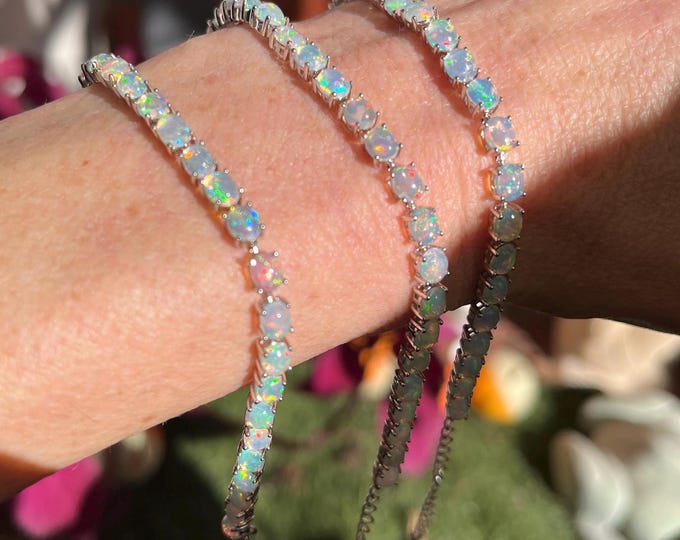 Opal Tennis Bracelet Natural Gemstone Sterling Silver Adjustable Bracelet