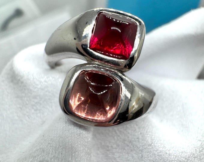Sapphire and Ruby Art Deco Ring Cabochon Sterling Silver Ring