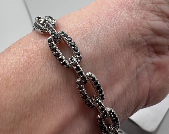 Black Moissanite Chain Link Bracelet in 925 Sterling Silver