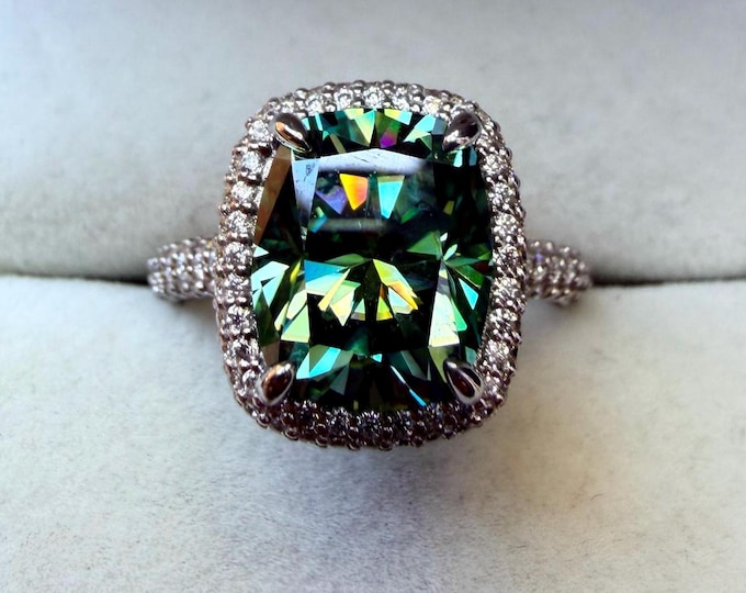 Green Elongated Cushion Moissanite Engagement Ring, 5.0ct VVS1 GRA Certified Sterling Silver