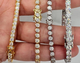 Moissanite Tennis Bracelet: 3.0mm Sterling Silver, White or Yellow Gold