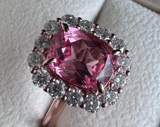 Morganite Cushion Cut Moissanite Halo Unique Engagement Ring Self Gift Statement Ring
