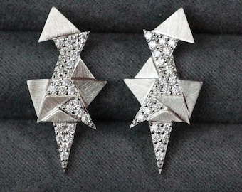 Custom Moissanite Sterling Silver and White Gold Elongated Stud Earrings