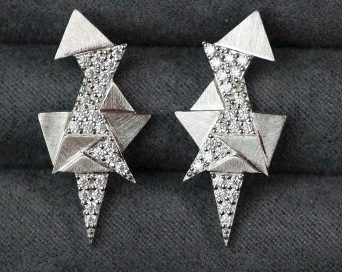 Custom Moissanite Sterling Silver and White Gold Elongated Stud Earrings