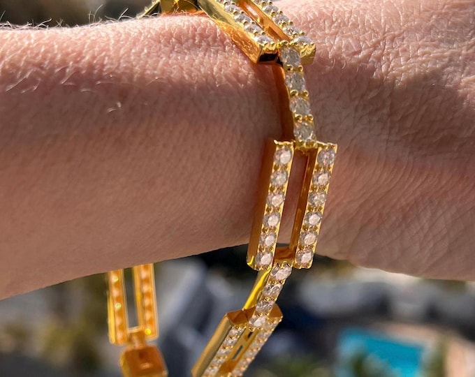 Moissanite Men's Chain Link Bracelet: Chunky 14k Gold Plated Sterling Silver
