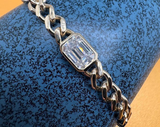 Moissanite Emerald cut Bezel set Gold Bracelet Cuban Link Chain solid 14k yellow gold.