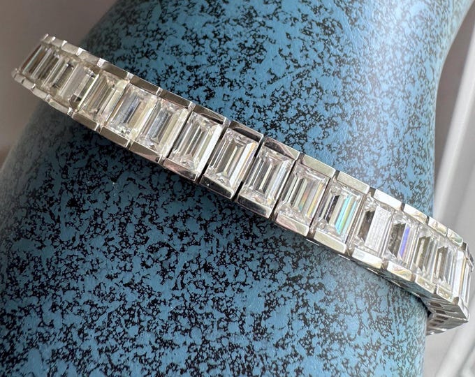 Emerald Cut Moissanite Tennis Bracelet: 18K Gold, Certified D VVS1, Bezel Set