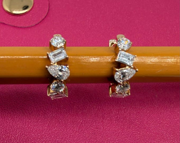 14k Gold Diamond Hoops Huggie Earrings in Yellow Gold