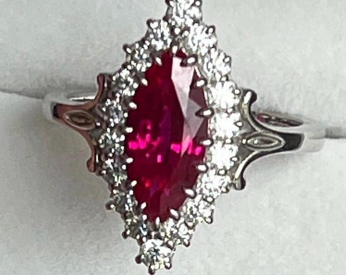 Ruby Moissanite Halo Engagement Ring Marquis cut Red Ruby 925/18k
