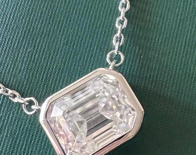 Emerald Cut 4.0 CTW Moissanite Necklace: 18k Gold Sterling Silver Bezel Pendant