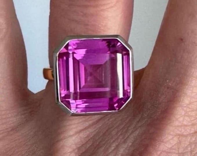 20 CTW Pink Sapphire Statement Ring 2-tone Gold Chunky Ring 925/18k