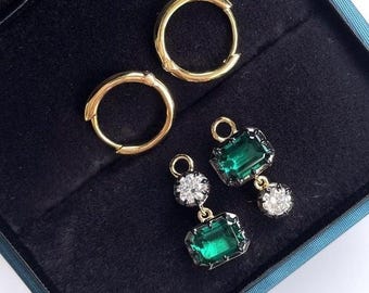 Moissanite and Emerald Custom Earrings Georgian Cut Down Hoop Earrings 14k Yellow Gold