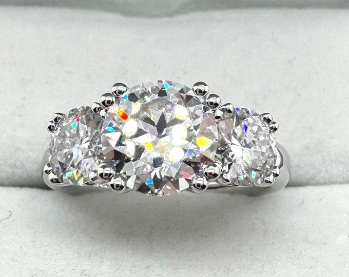 Moissanite 3-stone Ring hidden Sapphire Halo Anniversary Gift for her