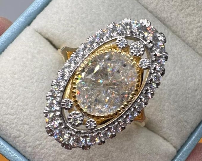 Elongated Oval Moissanite Statement Ring: Crushed Ice 18k Gold Plated