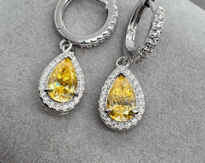 Pear Cut Yellow Moissanite Hoop Earrings: Sterling Silver, VVS1 Certified