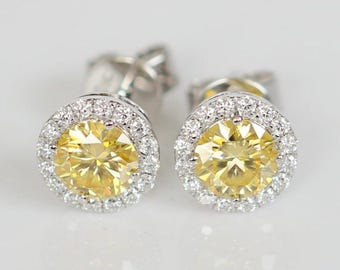 14k Yellow Moissanite Halo Stud Earrings Certified VVS1 Yellow and Colorless Moissanite Earrings 1.4CTW X2