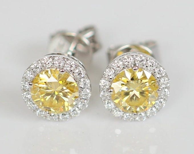 14k Yellow Moissanite Halo Stud Earrings, Certified VVS1, 1.4 CTW
