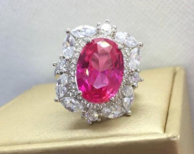 Pink Topaz and Moissanite Cocktail Ring Sterling Silver Cluster Jewelry