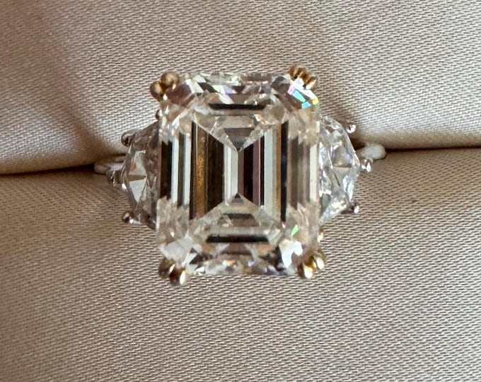 Emerald Cadillac Cut Moissanite 3 stone Engagement Ring 925/18k