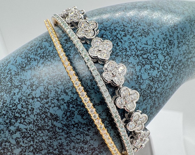 Moissanite Clover Tennis Bracelet: 18k White Gold Plated, GRA Certified