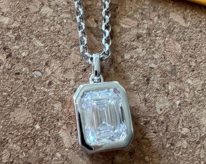 Moissanite Pendant Necklace Bezel set Charm and Chain 925/18K, 14k