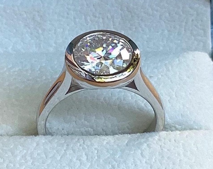 3.0 CTW Round Moissanite Solitaire Ring, Sterling Silver Bezel Halo