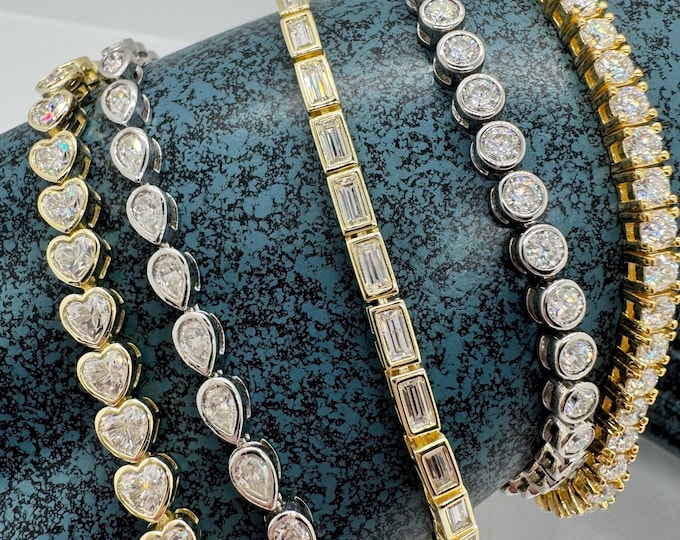 Baguette Moissanite Tennis Bracelet: 18k Gold Sterling Silver, D VVS1