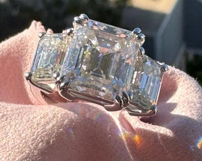 Sterling Silver 3-Stone Emerald Cut Moissanite Engagement Ring