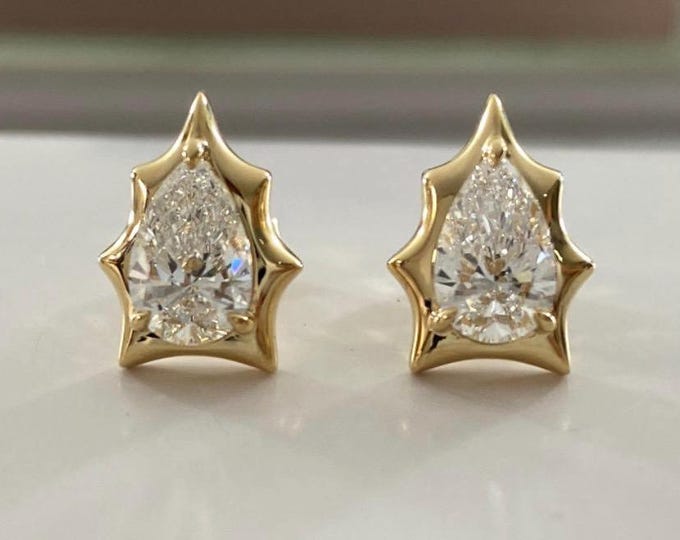 18k Yellow Gold Pear Cut Diamond Stud Earrings: 2.0 CTW Bezel Set