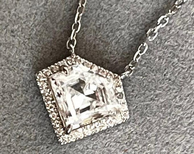Unique 9x11mm Moissanite Halo Pendant Necklace: 18k Gold Guilded Sterling Silver