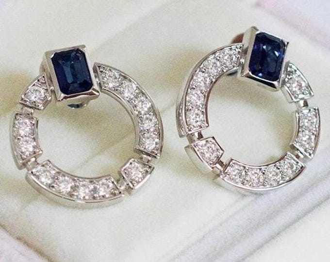 Moissanite and Sapphire Earrings Geometric Custom Designed Earring in 14k White Gold GRA Certified