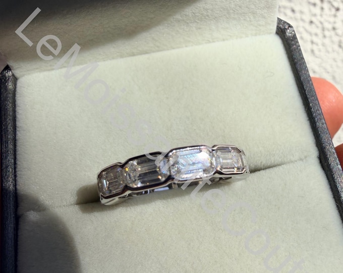 Moissanite Emerald cut Bezel Eternity Band East-West Stacking Ring