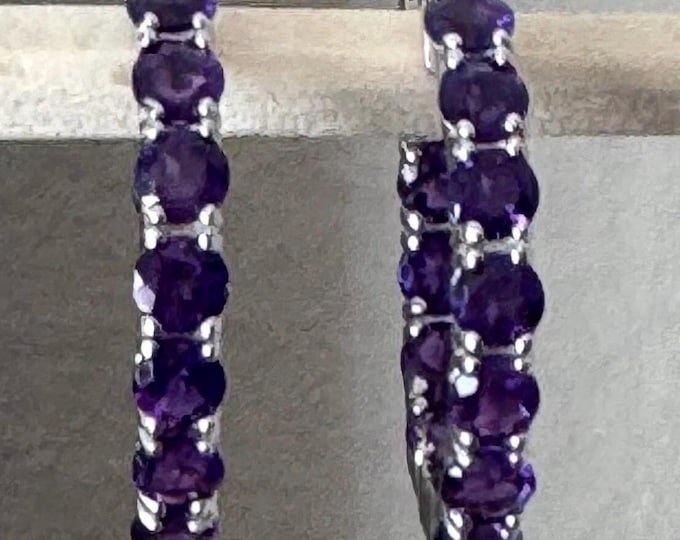 Amethyst Hoop Earrings: Sterling Silver Inside Outside Gemstone Hoops (25mm)