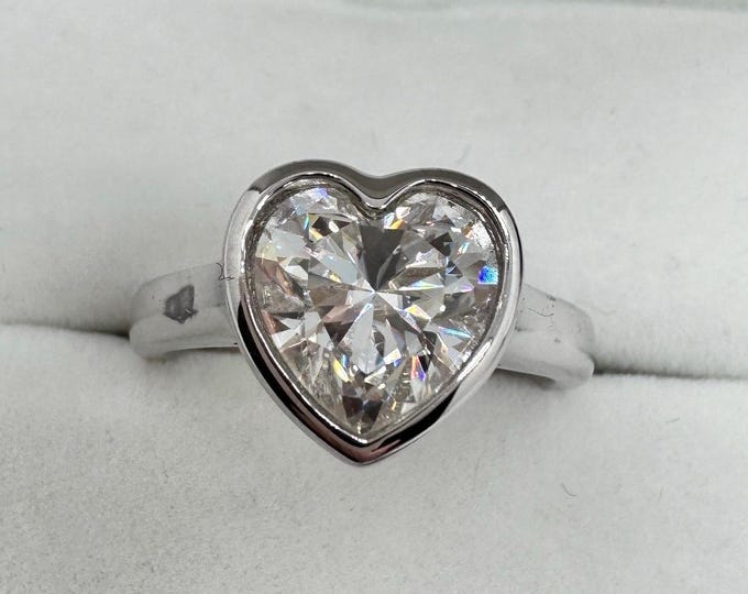 Moissanite Heart Raised Bezel Halo Sterling Silver Engagement Stacking Ring